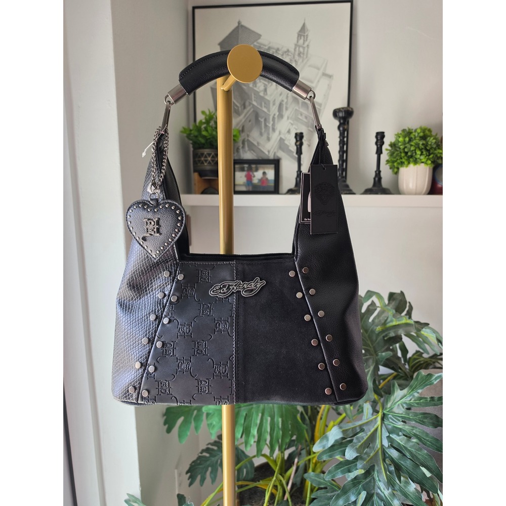 Ed Hardy Black Studded Hobo Bag Multi Texture Monogram Shoulder Bag Heart Charm
